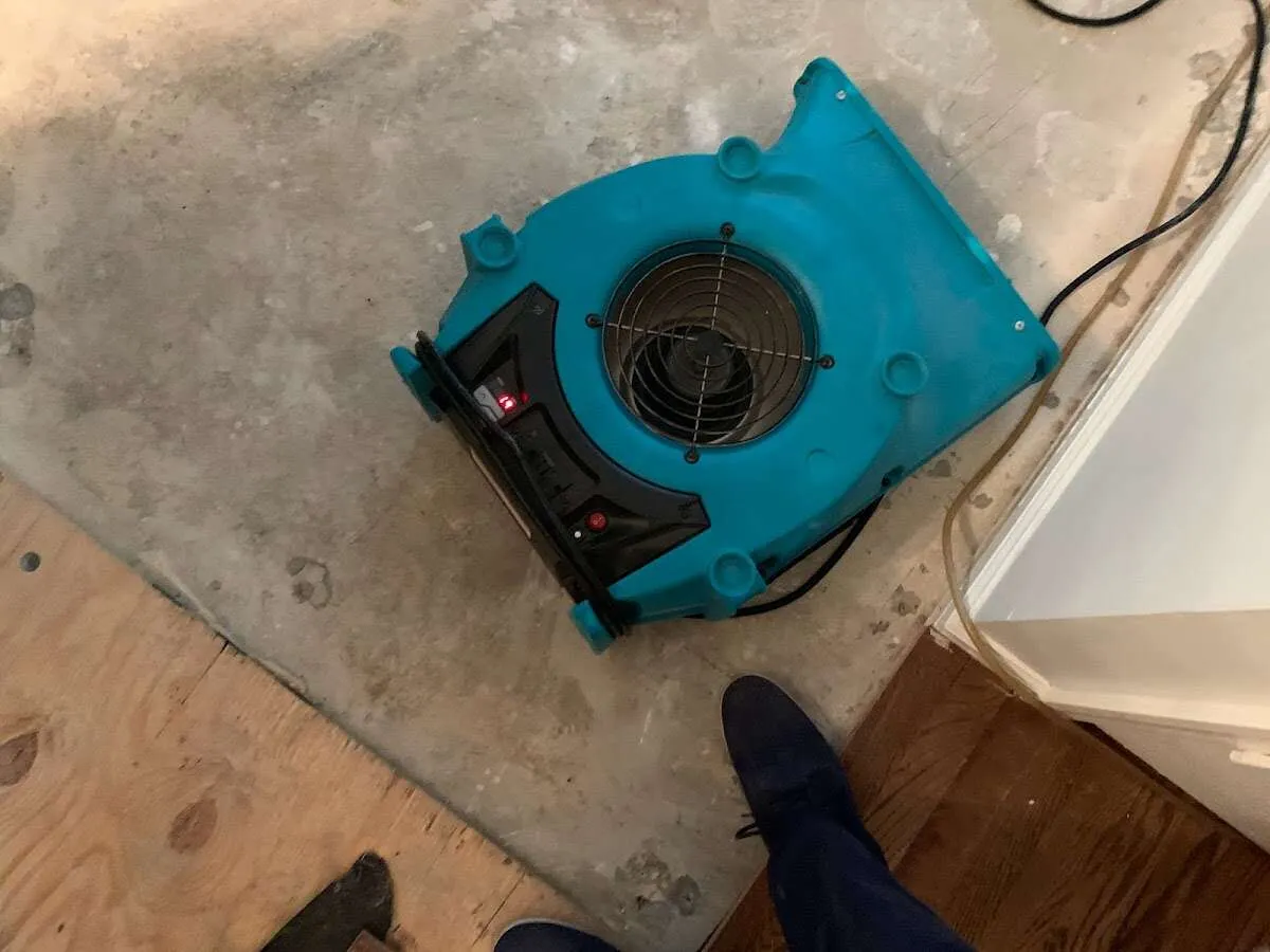 Air mover drying subfloor during Leak Detection & Repair in College